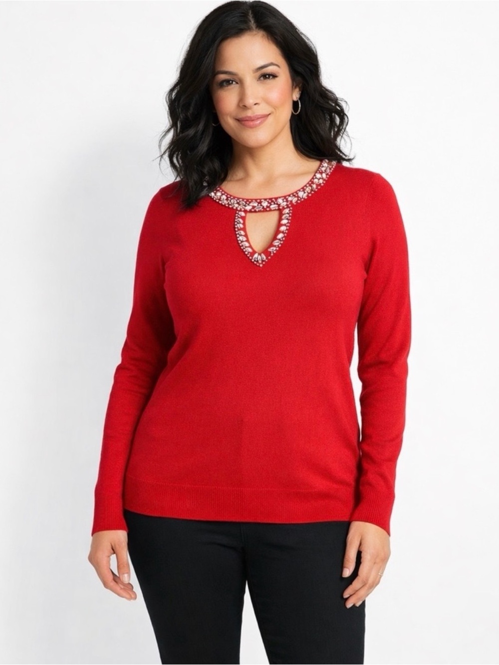 INC International Concepts Red Jeweled Keyhole Long Sleeve Top